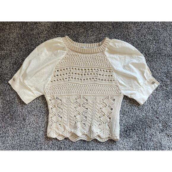 Zara Tops - Zara Women’s Small Green Pointelle Knit Top Contrasting Puff Sleeves